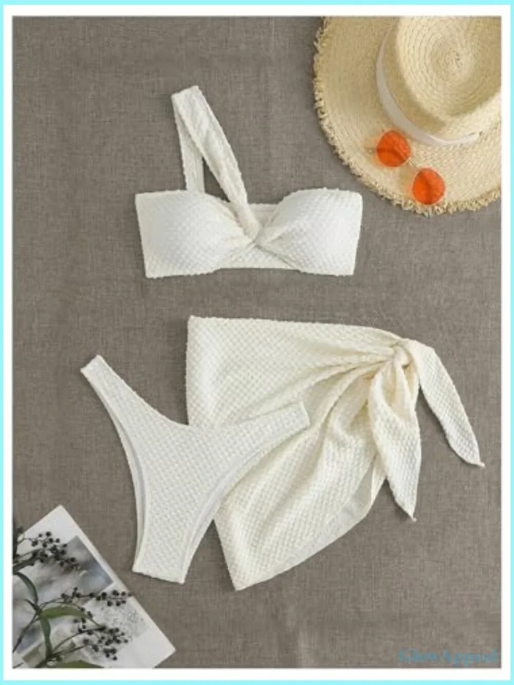 3 Piece One Shoulder Textured High Cut Bikini Set with Tie Side Cover Ups